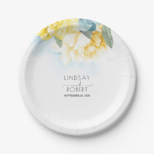 Yellow Floral Dusty Blue Wasserfarben Hochzeit Pappteller