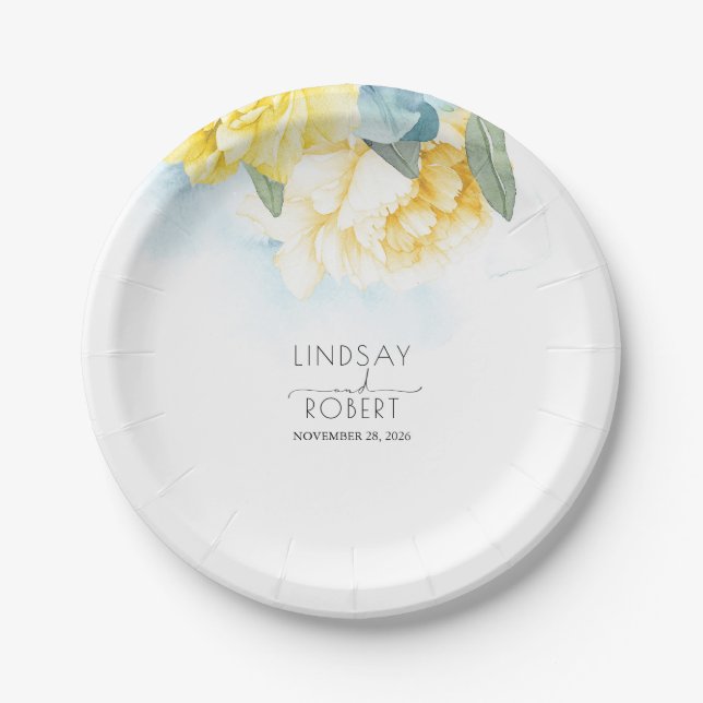 Yellow Floral Dusty Blue Wasserfarben Hochzeit Pappteller (Vorderseite)