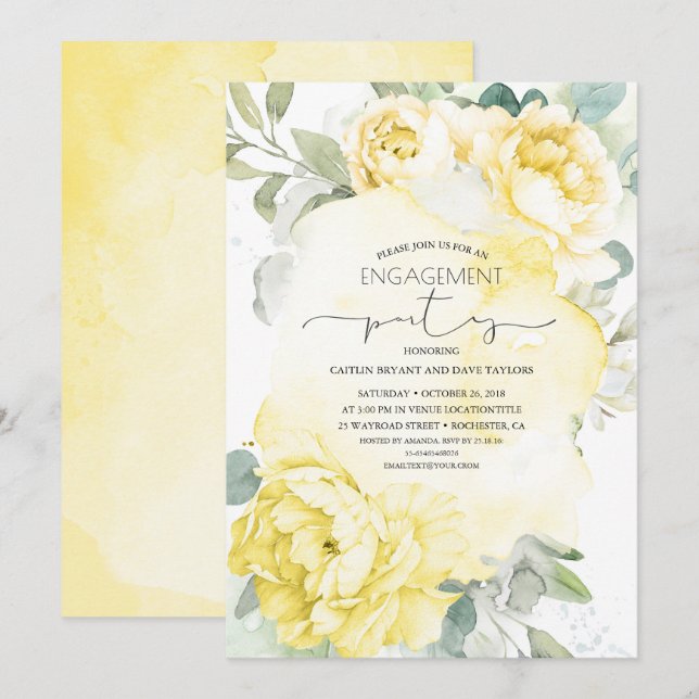 Yellow Floral Engagement Party Einladung (Vorne/Hinten)