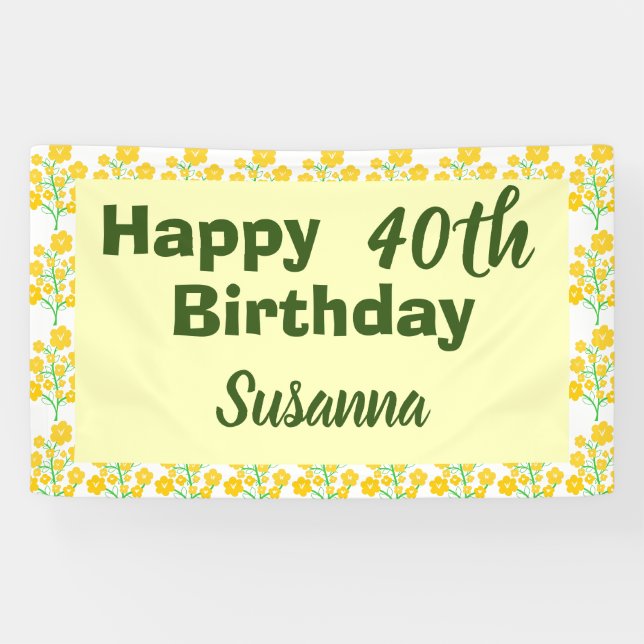 Yellow Floral Fortieth Birthday Banner (Horizontal)