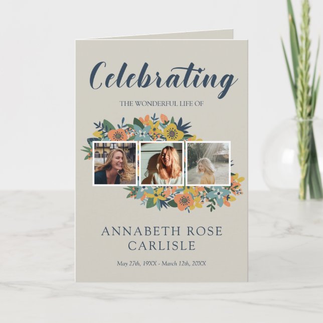 Yellow Floral Foto Collage Beerdigung Programm (Vorderseite)