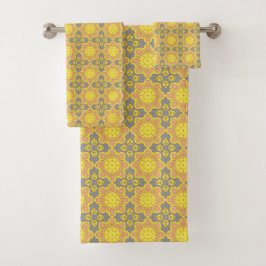 Yellow floral geometric patterned badhandtuch set