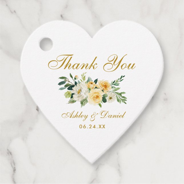 Yellow Floral Gold Hochzeit Danke Herz Geschenkanhänger (Vorderseite)