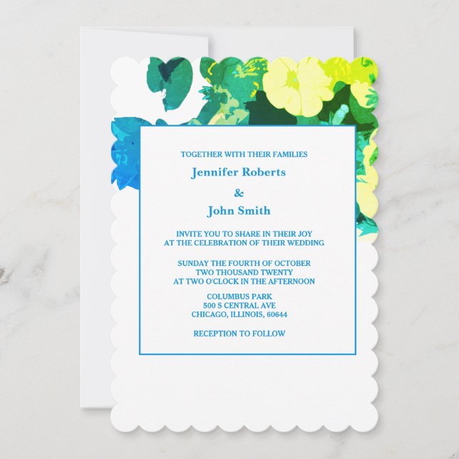 Yellow Floral Green Blue Leafy Art Custom Wedding Einladung (Vorderseite)