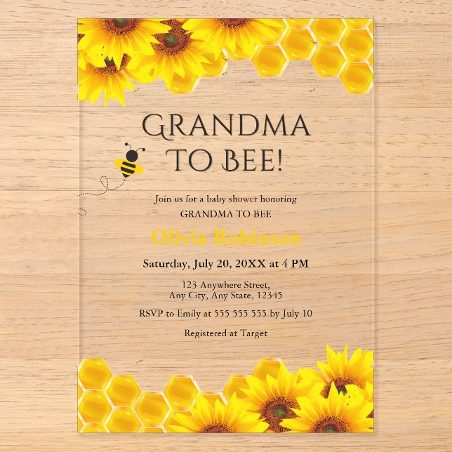 Yellow Floral Honeycomb Oma to Bee Baby Dusche Acryleinladungen (Vorderseite)