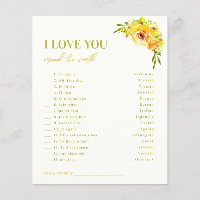 Yellow Floral I Love you Around the World Game (Vorderseite)
