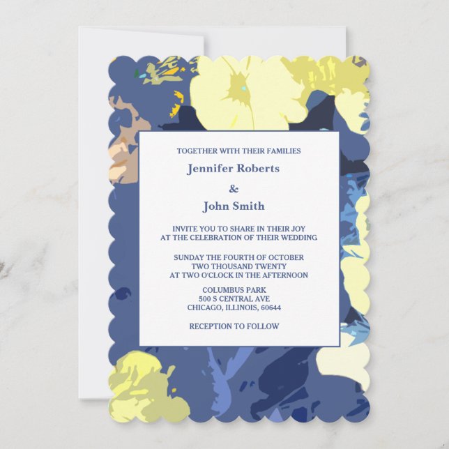 Yellow Floral Leafy Dusty Blue Künstlerisch Weddin Einladung (Vorderseite)