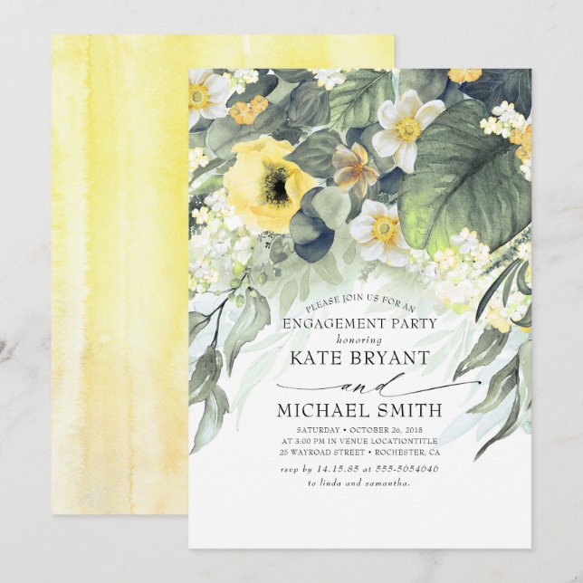 Yellow Floral Modern Engagement Party Einladung (Vorne/Hinten)