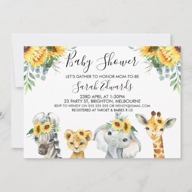 Yellow Floral Safari Animals Baby Dusche  Einladung (Vorderseite)