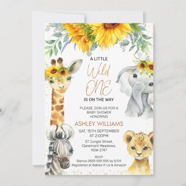Yellow Floral Safari Wild One Baby Dusche Einladung (Vorderseite)