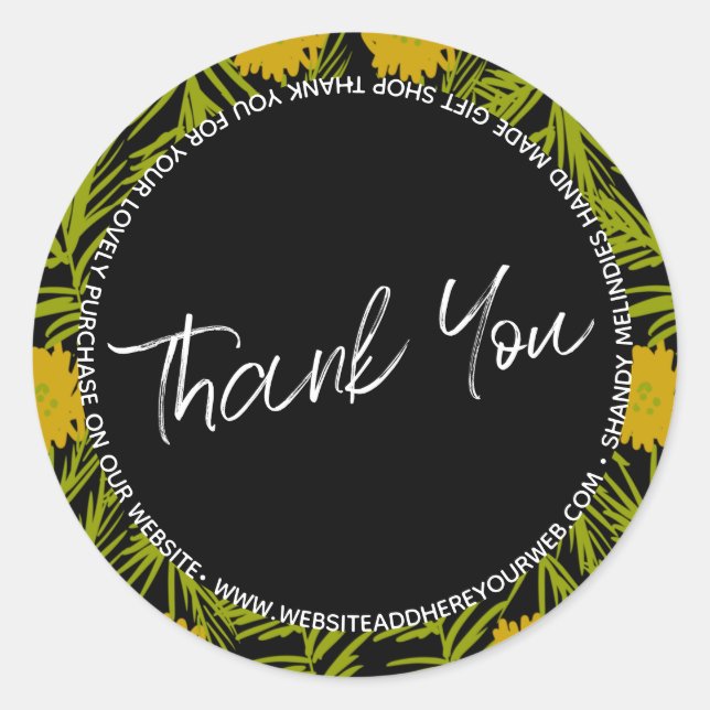 Yellow Floral Script Business Vielen Dank Runder Aufkleber (Vorderseite)