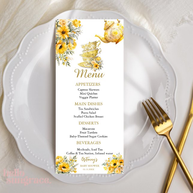 Yellow Floral tea cups with teapot baby shower Menükarte (Von Creator hochgeladen)