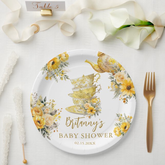 Yellow Floral Tee Party Cups Kinderdusche Pappteller (Hochzeit)