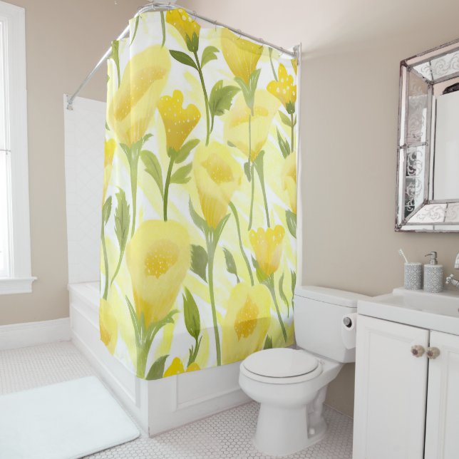 Yellow Floral Watercolor Painting Duschvorhang (Beispiel)