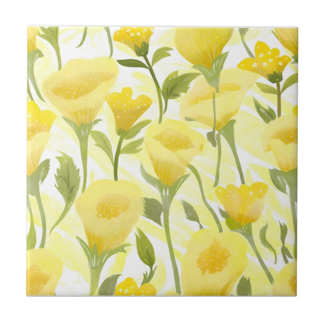 Yellow Floral Watercolor Painting Fliese (Vorderseite)