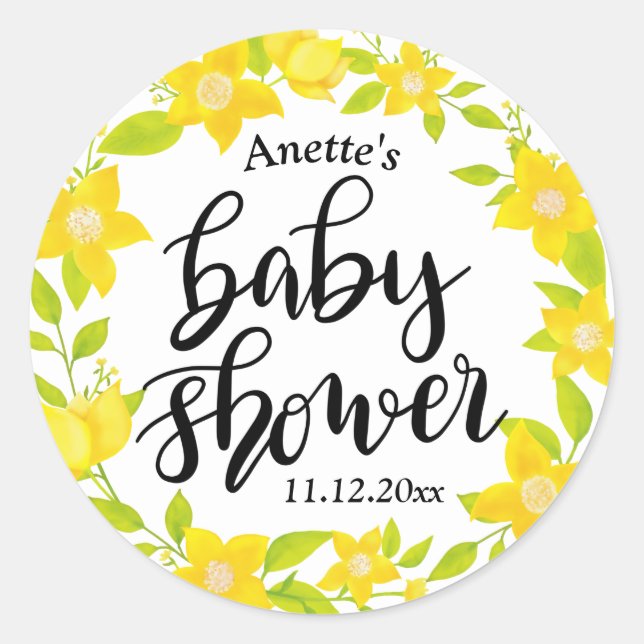 Yellow Florals | Handgeschriebene Babydusche Runder Aufkleber (Vorderseite)