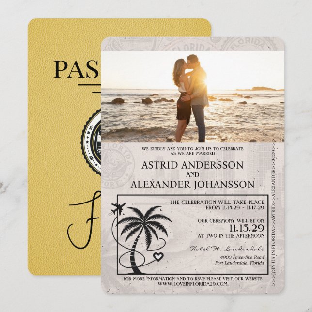 Yellow Florida Passport Hochzeit Einladung (Vorne/Hinten)