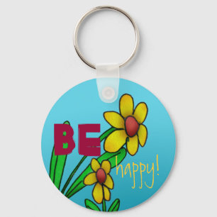 Yellow Flower Be Happy Sky Blue Key Chain Ring Schlüsselanhänger