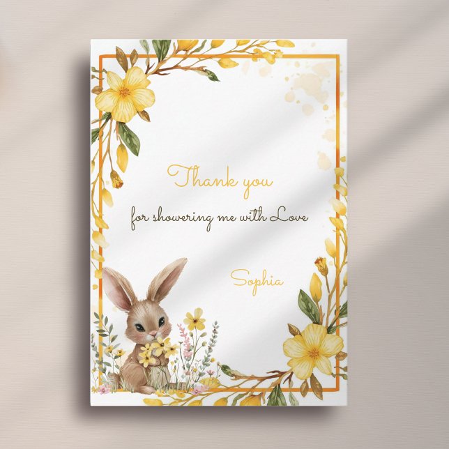 Yellow Flower Cute Bunny Spring Easter Baby Shower Dankeskarte (Von Creator hochgeladen)