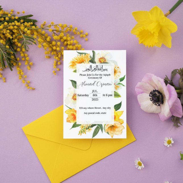 Yellow Flower Garden Aqiqah Zeremonie Einladung (Von Creator hochgeladen)
