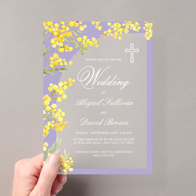 Yellow Flowers Arch on Lavender Religious Wedding Acryleinladungen (Insitu (Handheld))