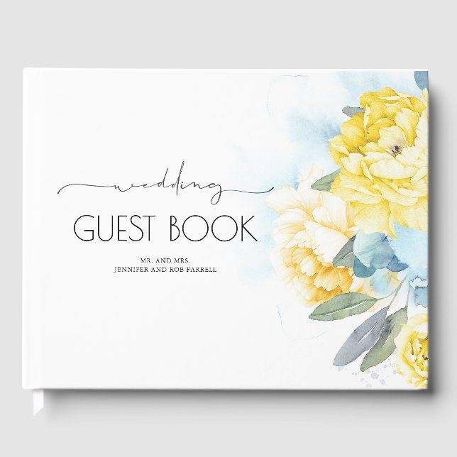 Yellow Flowers Dusty Blue Greenerity Wedding Gästebuch (Vorderseite)