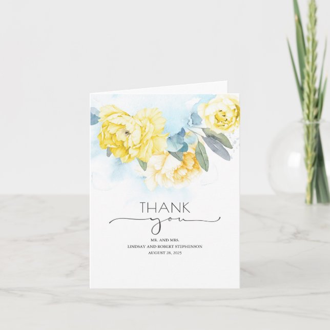 Yellow Flowers Dusty Blue Wedding Vielen Dank Dankeskarte (Vorderseite)