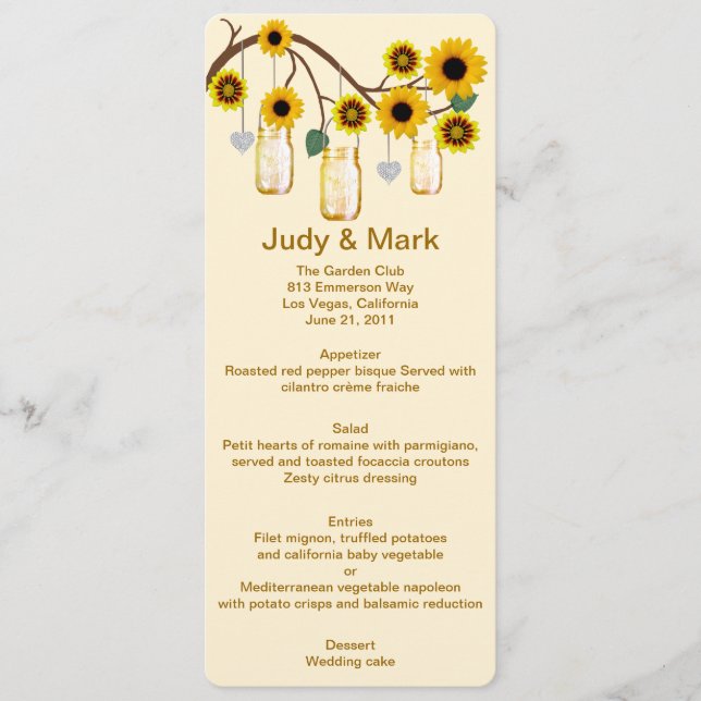 Yellow Flowers Mason Jars Menu Card Menükarte (Vorderseite)
