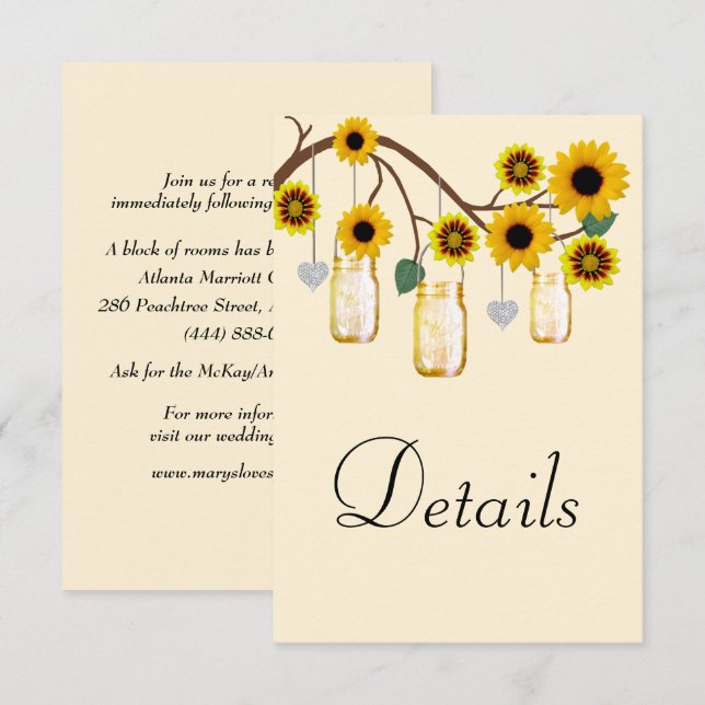 Yellow Flowers Mason Jars Wedding Details Begleitkarte (Vorne/Hinten)