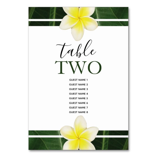 Yellow Frangipani Plumeria Wedding Guest Names Tischnummer (Vorderseite)