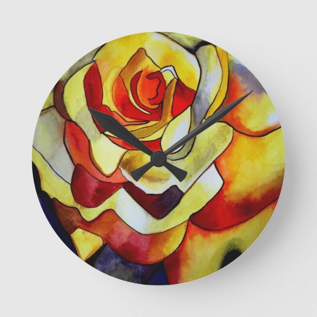 Yellow Freesia Aquarell Originalkunst Blume Runde Wanduhr (Vorderseite)