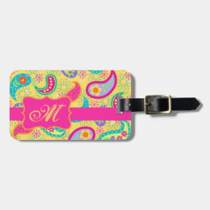 Yellow Fuchsia Pink Modern Paisley Monogram Gepäckanhänger