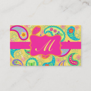 Yellow Fuchsia Pink Modern Paisley Monogram Visitenkarte
