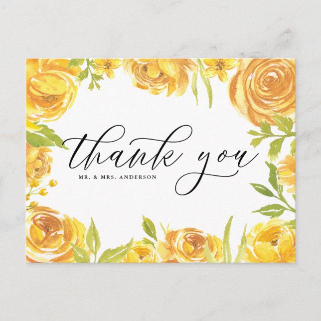Yellow Garden Rose Rahmen Wedding Danke Postkarte (Vorderseite)