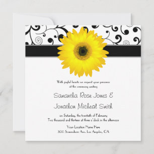 Yellow Gerbera Daisy Black Scroll Design Hochzeit Einladung