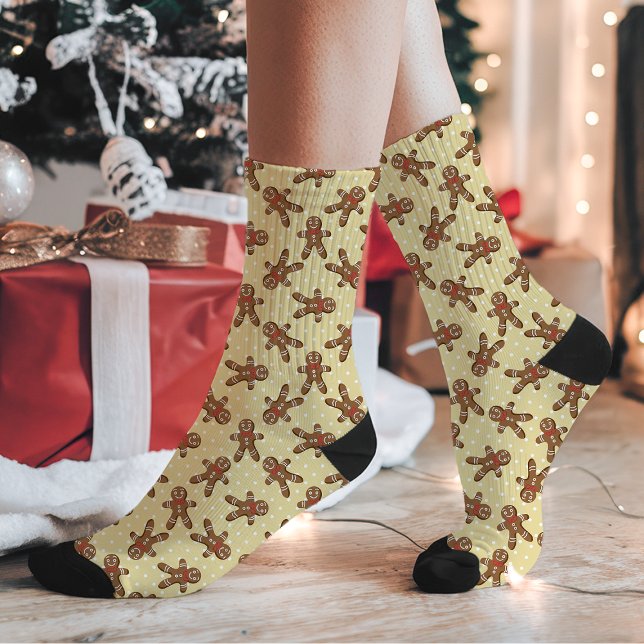 Yellow Gingerbrot Man Polka Dot Christmas Socken (Von Creator hochgeladen)