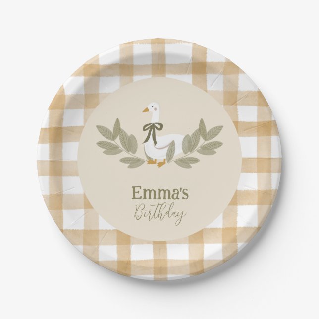 Yellow Gingham Albern Goose Birthday Party Pappteller (Vorderseite)