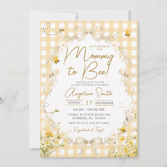 Yellow Gingham Bee Baby Shower Invitation (Devant)