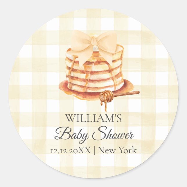 Yellow Gingham Bow Pancake Brunch Babydusche Runder Aufkleber (Vorderseite)