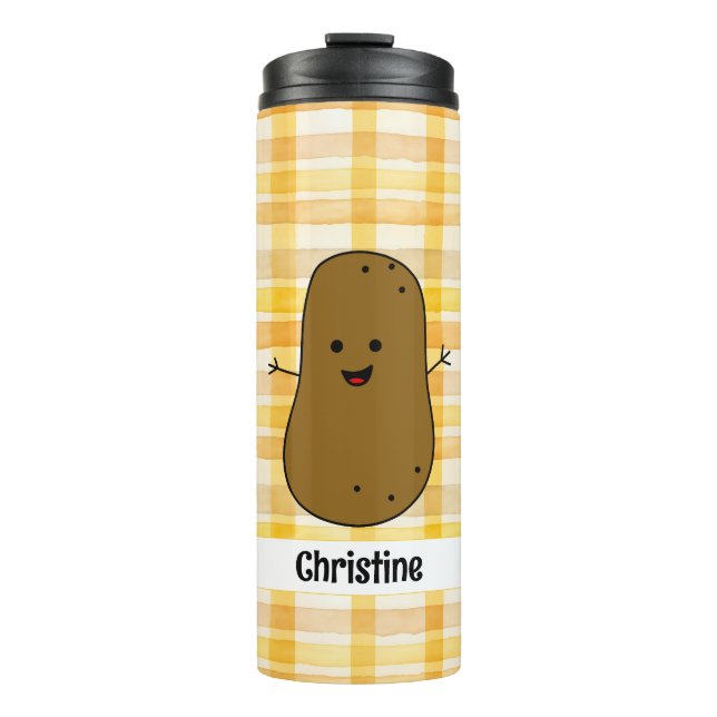 Yellow Gingham Brown Potato Custom Therbler Tumble Thermosbecher (Vorderseite)