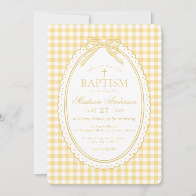 Yellow Gingham Coquette Bow Baptism Einladung (Vorderseite)
