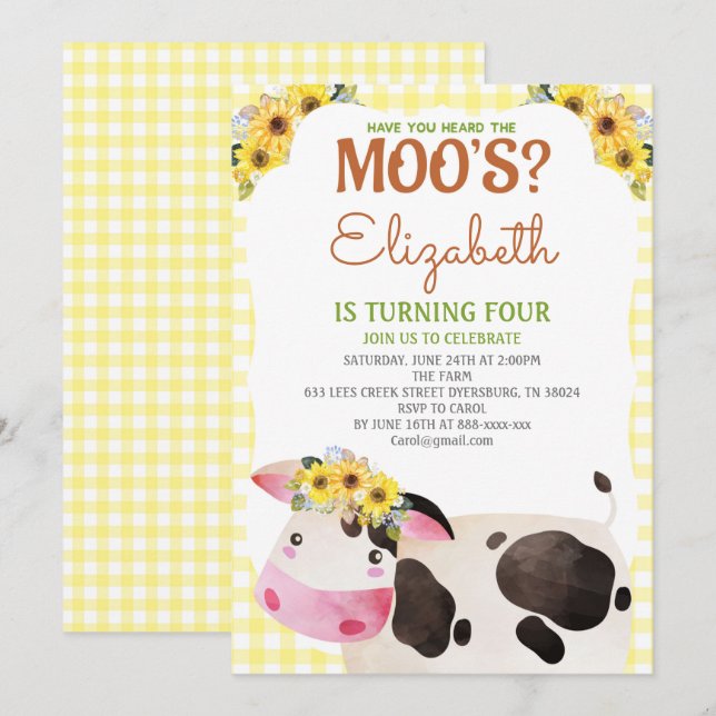 Yellow Gingham Cow Birthday Farm Animals Barnyard Einladung (Vorne/Hinten)