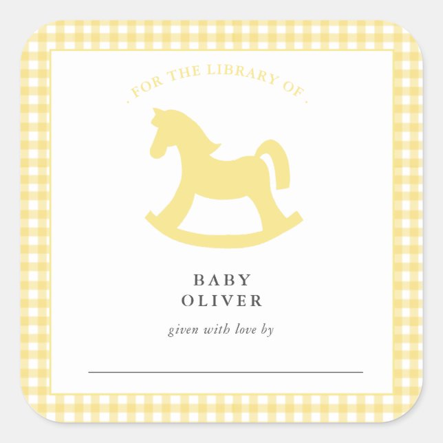 Yellow Gingham Gender Neutral Baby Buchzeichen Quadratischer Aufkleber (Vorderseite)
