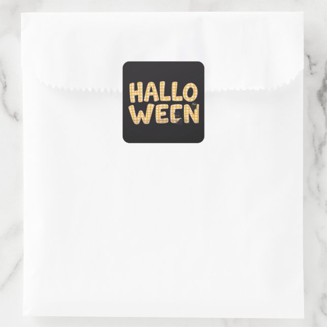 Yellow Gingham Halloween Cat Quadratischer Aufkleber (Tasche)