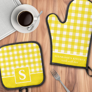 Yellow Gingham Kariert Checked Mit Monogramm Ofenhandschuh & Topflappen-Set