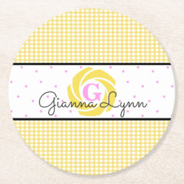 Yellow Gingham Mit Monogramm Runder Pappuntersetzer