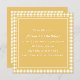 Yellow Gingham Monogram Birthday Party Einladung