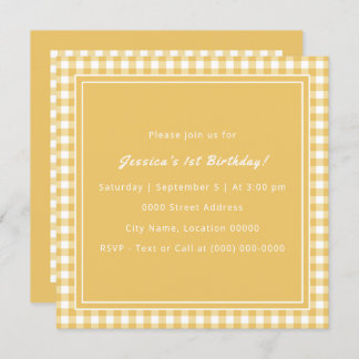 Yellow Gingham Monogram Birthday Party Einladung