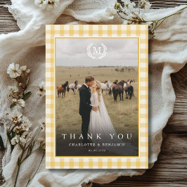 Yellow Gingham Monogram Wappen 2 Foto Dankeskarte