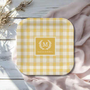 Yellow Gingham Monogram Wappen Custom Pappteller